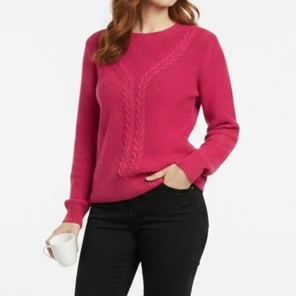 Talbots Women's LP Hot Pink Cable Knit Lambswool Blend Crewneck Sweater
